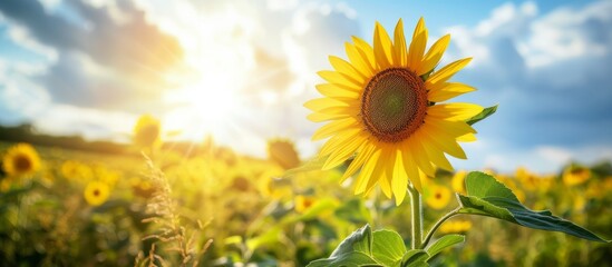 A happy sunflower grows in a grassy meadow, with the sun shining through the clouds, creating a beautiful natural landscape.