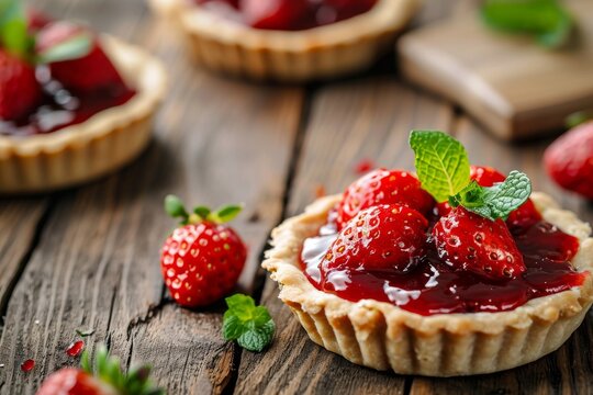 Selective focus highlights wooden background of tartlets with strawberry jam and mint