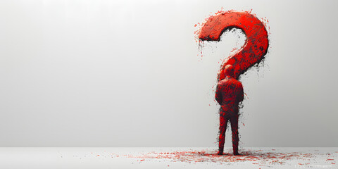A 3D character with a red question mark, symbolizes the concept of thinking or pondering a question.