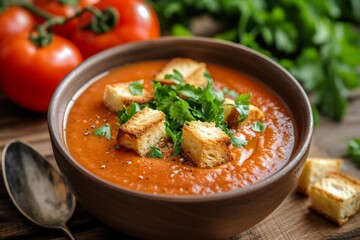 Soup made from tomatoes with croutons and parsley