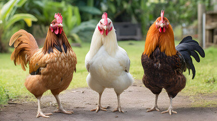 Fototapeta premium A trio of hens with vibrant plumage