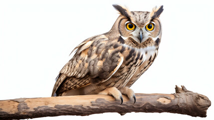 A wise-looking horned owl perched on a branch