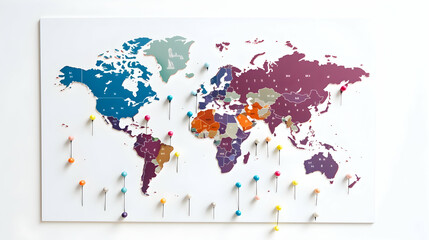 A world map with travel pins marking destination