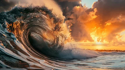 Zelfklevend Fotobehang Giant wave crashing at sunset on the shore. © usman