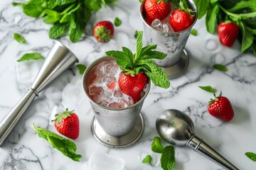 Mint julep cocktails with tools for mixology that have strawberry flavor - obrazy, fototapety, plakaty