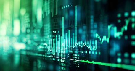 blue and green market trading indicators, in the style of digital art, light green and black for Financial and investment business concepts