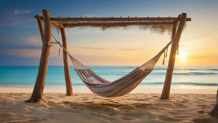 Tropical beach panorama as summer relax landscape with beach and hammock over white sand sea beach 