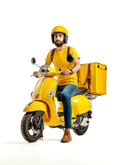 Fototapeta na wymiar A delivery man in yellow T-shirt rides on a yellow scooter, carrying packages isolated on a white background. The image exudes efficiency and speed in express delivery services