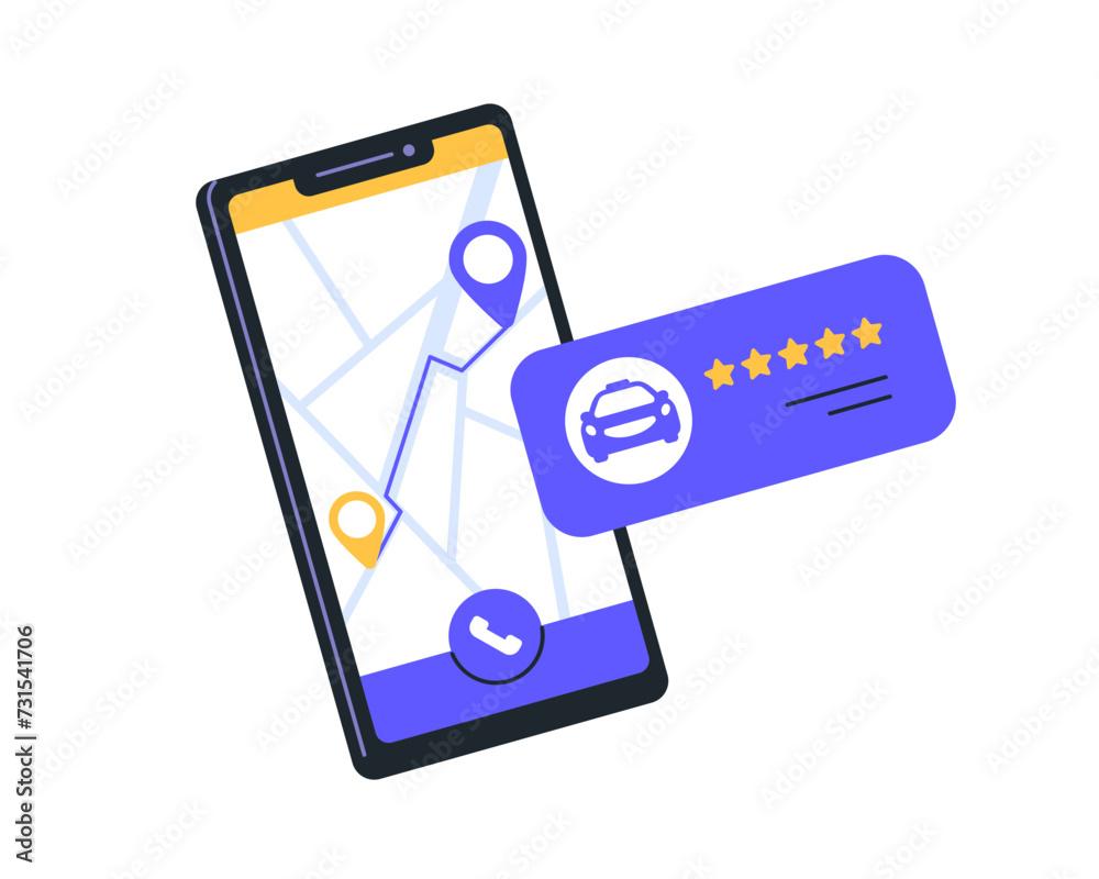 Poster taxi app on mobile phone screen. car delivery route on map, rating and feedback in smartphone applic