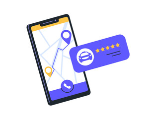 Taxi app on mobile phone screen. Car delivery route on map, rating and feedback in smartphone application. Online cab ordering in cellphone. Flat vector illustration isolated on white background