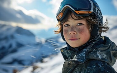 boy skier with Ski goggles and Ski helmet on the snow mountain