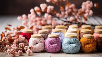 Colorful balls of wool on wooden table. Variety of yarn balls