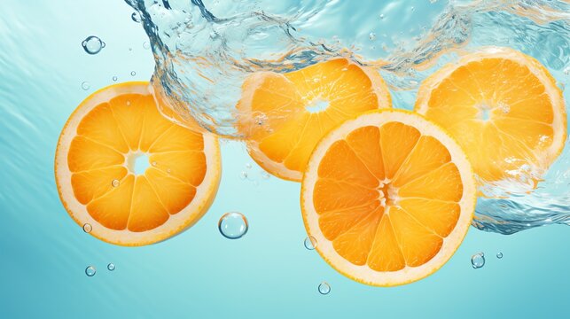 Oranges floating in the crystal clear water. Refreshment concept. AI generated image.