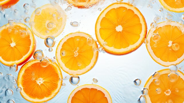 Oranges floating in the crystal clear water. Refreshment concept. AI generated image.