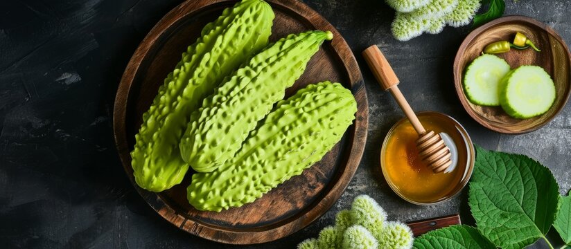 Bitter Melon, also known as Kudret Nari or Karela, displayed on a wooden tray with honey.