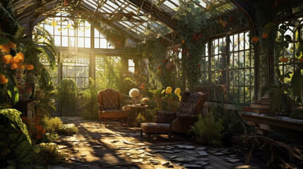 Abandoned, yet impeccably preserved Victorian greenhouse. Generative AI
