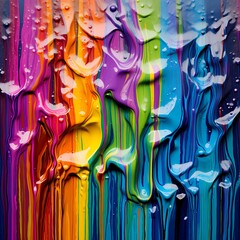 Liquid rainbow cascading down a solid, abstract canvas of textured colors