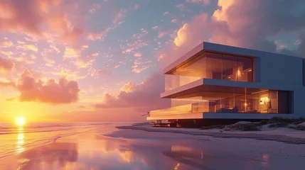 Foto op Canvas Modern house on beach at sunset with dramatic sky. © usman