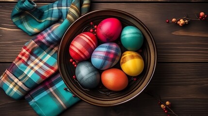 Happy Easter. Bowl filled with colored eggs. AI generated image. - obrazy, fototapety, plakaty
