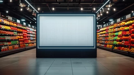 Foto op Plexiglas cart on the shelf, Intelligent Digital Signage , Augmented reality marketing and face recognition concept. Interactive artificial intelligence digital advertisement in retail hypermarket Mall. © suphakphen
