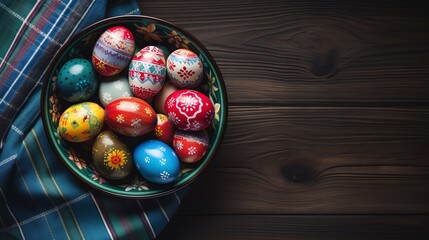 Happy Easter. Bowl filled with colored eggs. AI generated image.