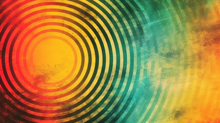 Multicoloured concentric circles with a grungy, vintage texture.
