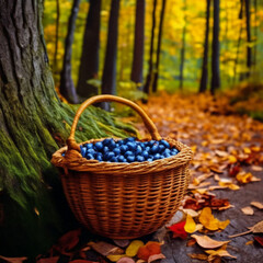 basket with blueberries on a forest path