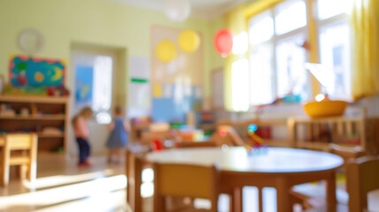 kindergarden or school room with children , blured background with empty copy space