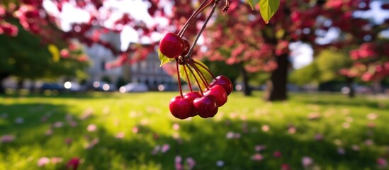 cherry tree bursting with ripe and nearly ripe cherry fruits - obrazy, fototapety, plakaty
