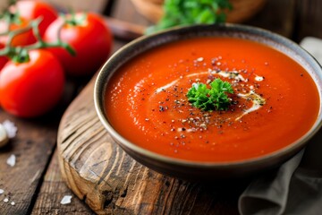 Tomato soup on wooden plate