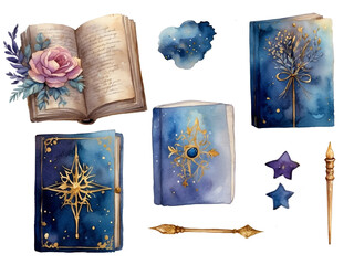 Cute magical spell books, mystical books, cozy notebooks, Halloween  watercolor set