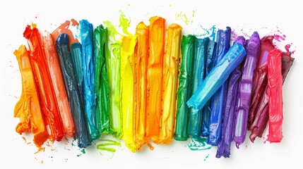 Photo grunge hand drawn colorful scribble wax pastel, rainbow crayon isolated on white, clipping...