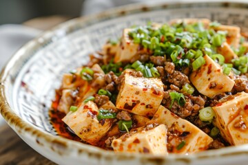 Asian style Mapo Tofu Silken tofu with beef and mala flavor from chili oil and Sichuan peppercorns - obrazy, fototapety, plakaty