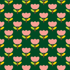 Seamless Pattern of Flower Design on Dark Green Background