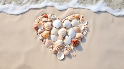 Beach Seashells in shape of a heart. Happy Valentines day concept. AI generated image.