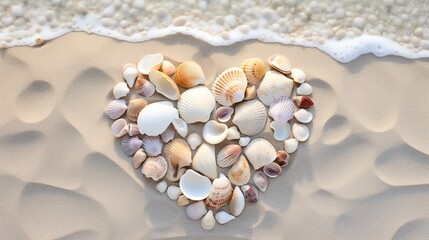 Fototapeta na wymiar Beach Seashells in shape of a heart. Happy Valentines day concept. AI generated image.