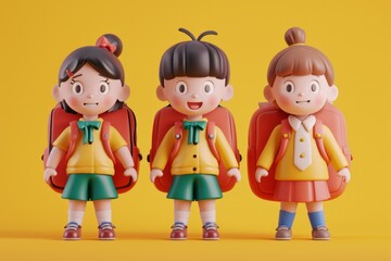 Three cute cartoon-style schoolgirl figures with backpacks on a yellow background.
