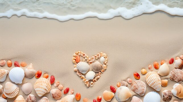 Beach Seashells in shape of a heart. Happy Valentines day concept. AI generated image.