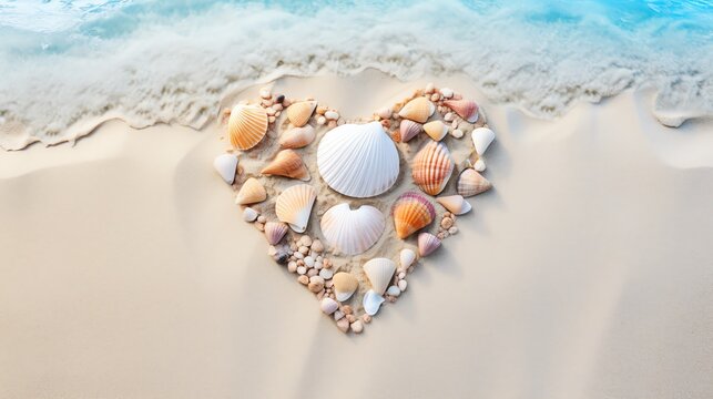 Beach Seashells in shape of a heart. Happy Valentines day concept. AI generated image. - Powered by Adobe