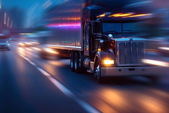 Description of shadowy big rig on blurred roadway with indistinct truck and trailer backdrop