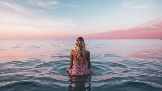 Young woman meditating on the beach. AI generated image.