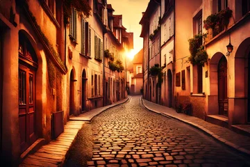 Fotobehang Historic street in Europe at sunset with retro vintage effect © Hamza