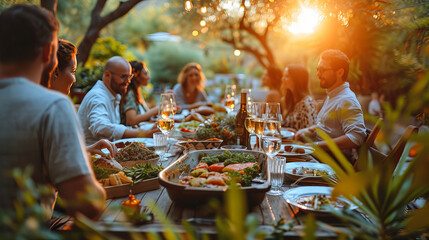 Group of friends and colleagues gathered in a tranquil garden, indulging in a delightful lunch under the warm sun - obrazy, fototapety, plakaty