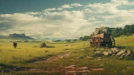 Obraz premium Art rural landscape, ox cart on a rocky road in the middle of a meadow. Generative AI