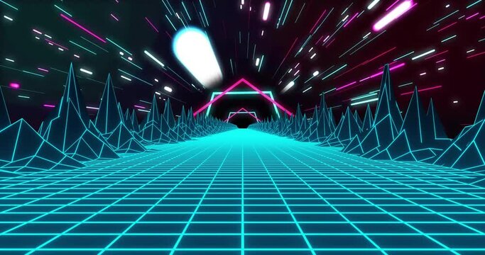 Animation of video game screen with neon patten on black background