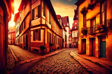 Fototapeta na wymiar Historic street in Europe at sunset with retro vintage effect