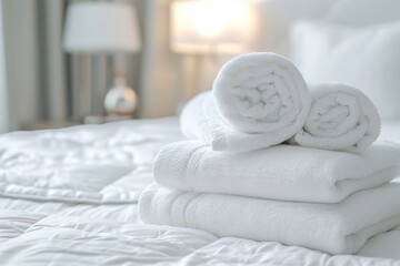 White towels on white bed at hotel with close up and selective focus