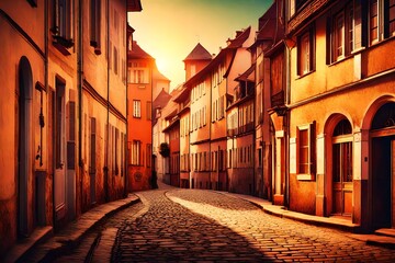 Historic street in Europe at sunset with retro vintage effect