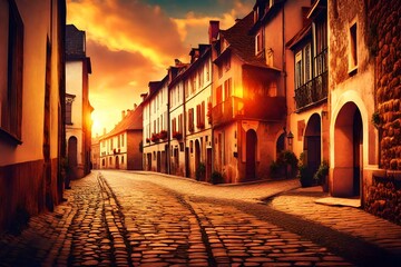 Historic street in Europe at sunset with retro vintage effect - obrazy, fototapety, plakaty
