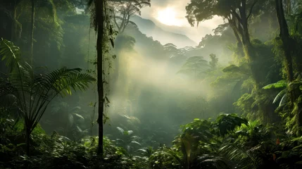 Foto op Canvas Tranquil Sunbeam in a Green Jungle Landscape. Generative AI © TOTO